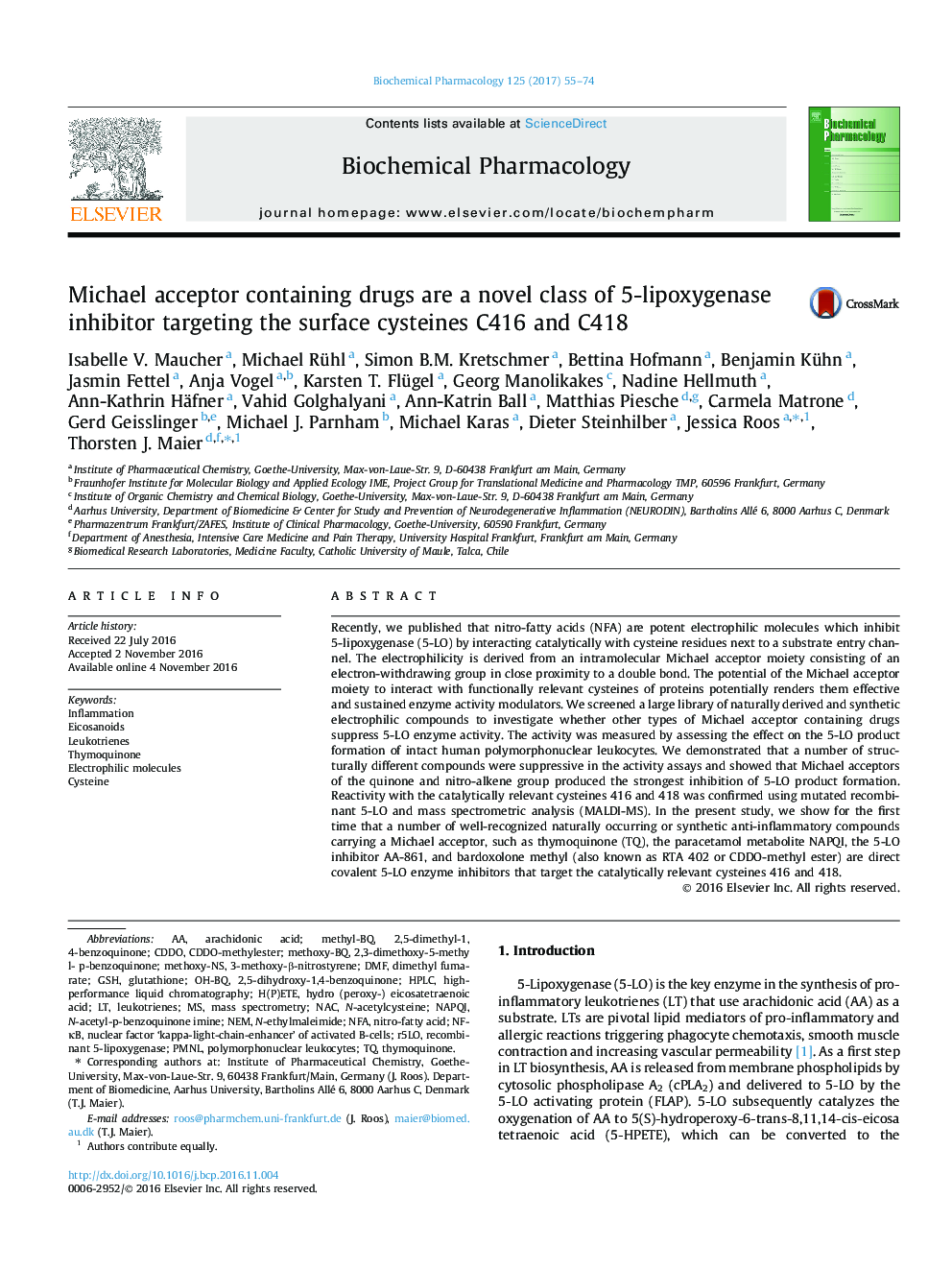 Michael acceptor containing drugs are a novel class of 5-lipoxygenase inhibitor targeting the surface cysteines C416 and C418