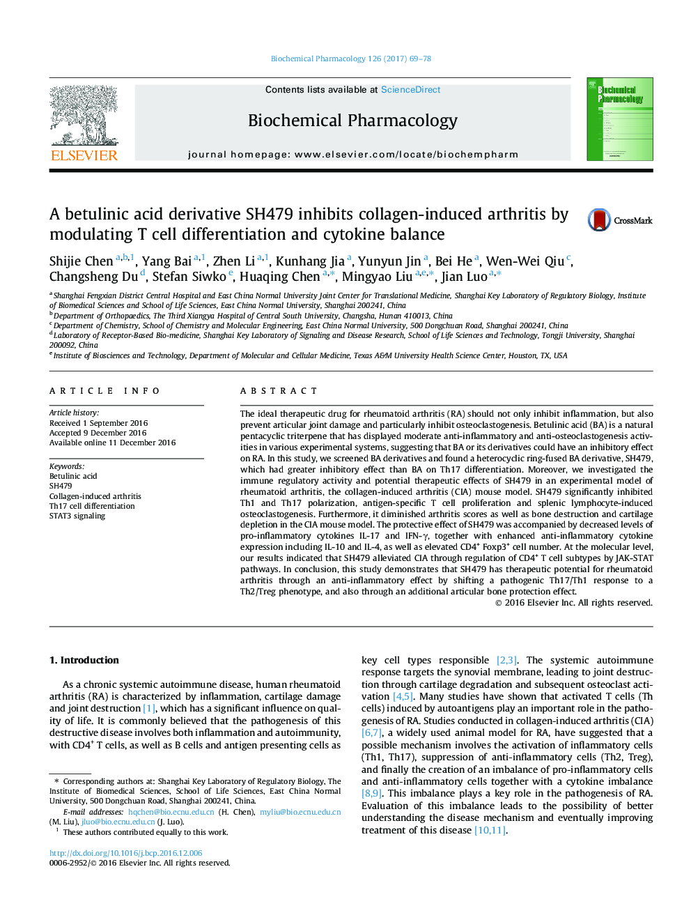 A betulinic acid derivative SH479 inhibits collagen-induced arthritis by modulating T cell differentiation and cytokine balance