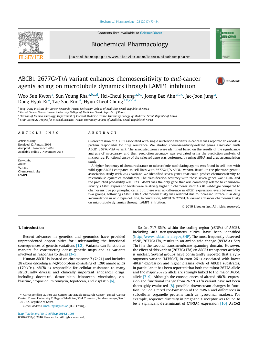 ABCB1 2677G>T/A variant enhances chemosensitivity to anti-cancer agents acting on microtubule dynamics through LAMP1 inhibition