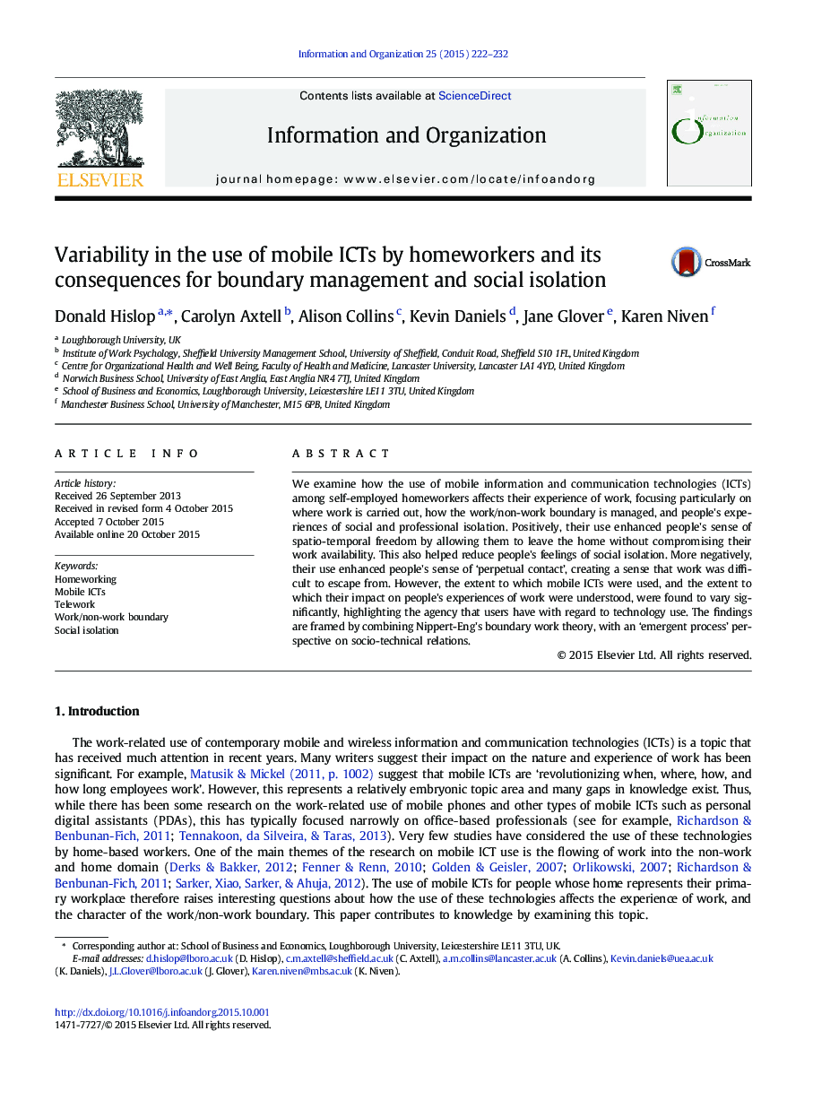 Variability in the use of mobile ICTs by homeworkers and its consequences for boundary management and social isolation