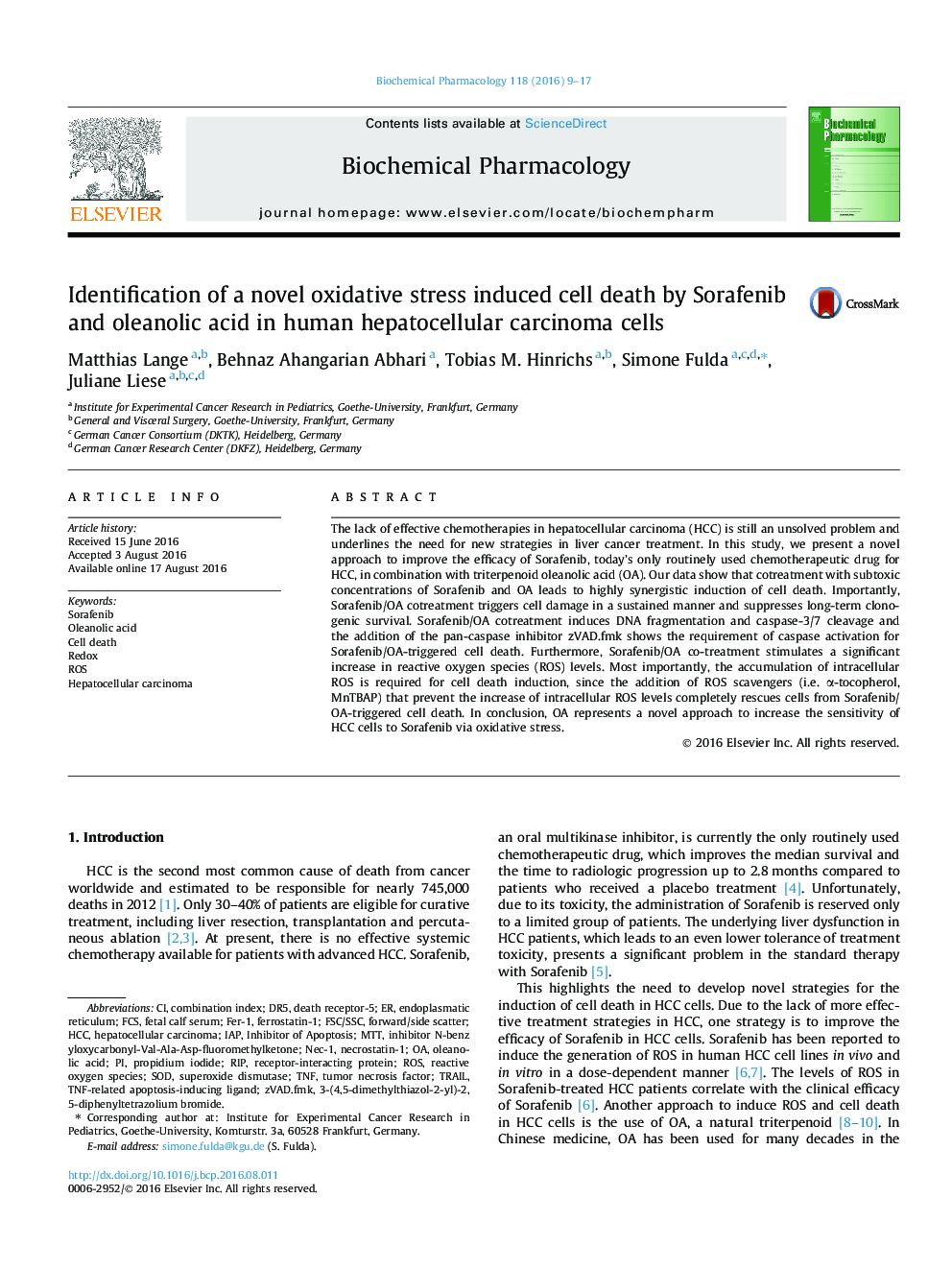 Identification of a novel oxidative stress induced cell death by Sorafenib and oleanolic acid in human hepatocellular carcinoma cells