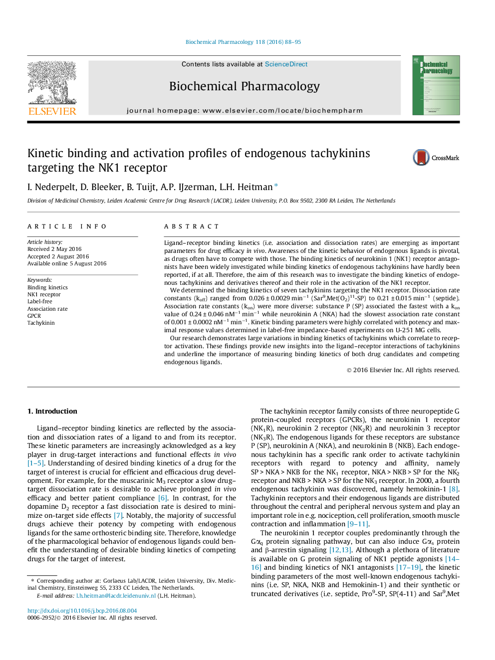 Kinetic binding and activation profiles of endogenous tachykinins targeting the NK1 receptor