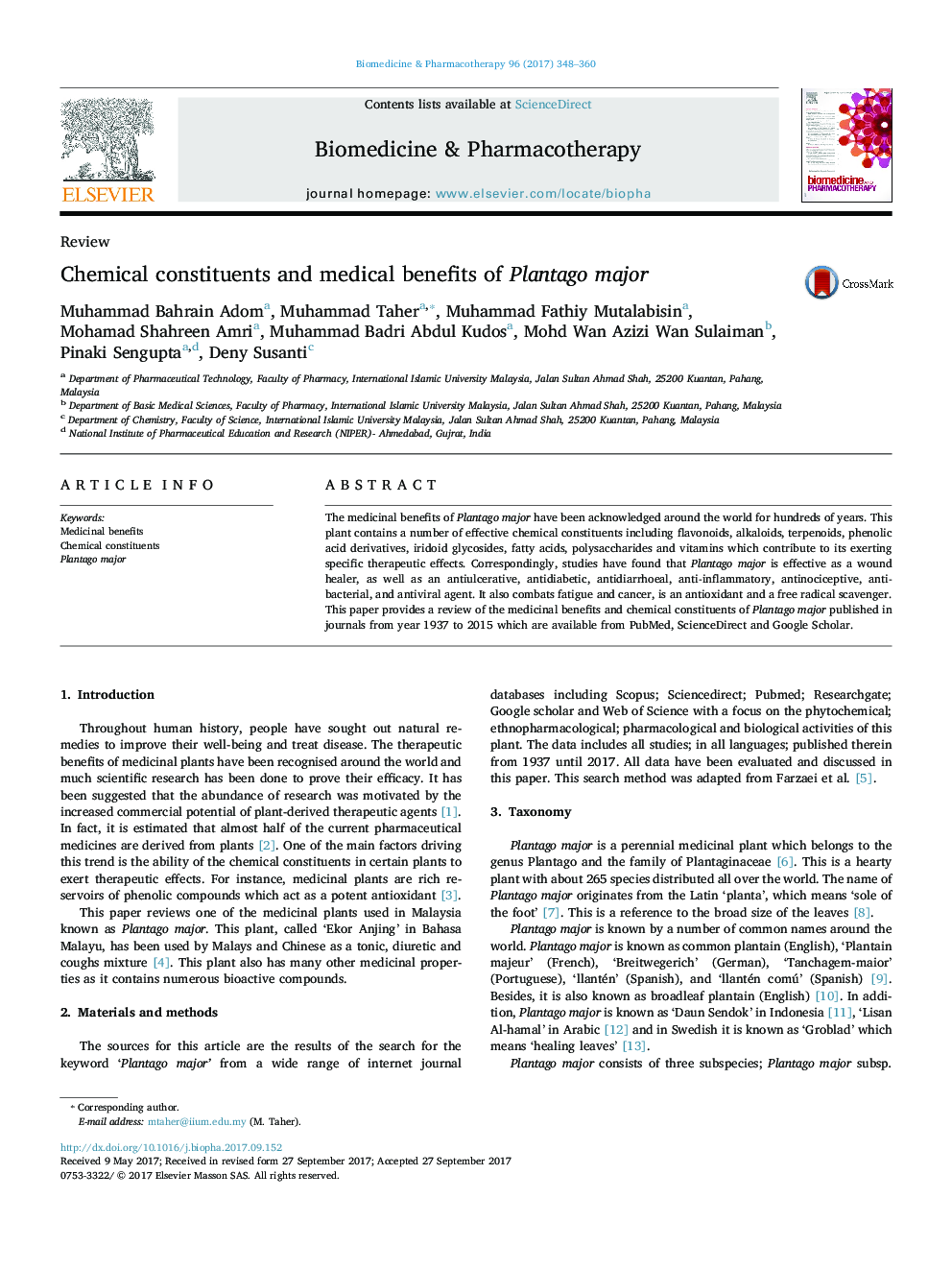 Chemical constituents and medical benefits of Plantago major