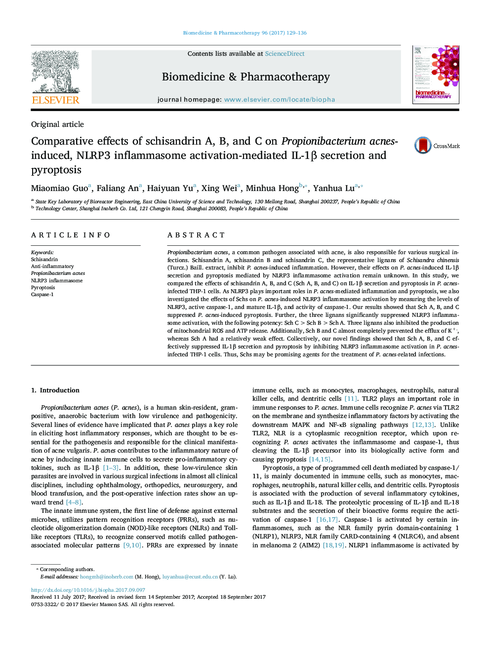 Original articleComparative effects of schisandrin A, B, and C on Propionibacterium acnes-induced, NLRP3 inflammasome activation-mediated IL-1Î² secretion and pyroptosis