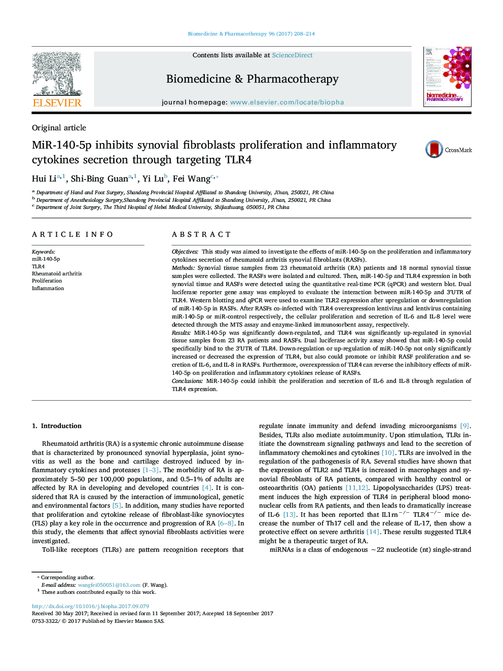 MiR-140-5p inhibits synovial fibroblasts proliferation and inflammatory cytokines secretion through targeting TLR4