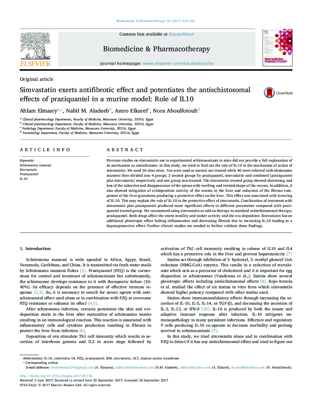 Simvastatin exerts antifibrotic effect and potentiates the antischistosomal effects of praziquantel in a murine model: Role of IL10