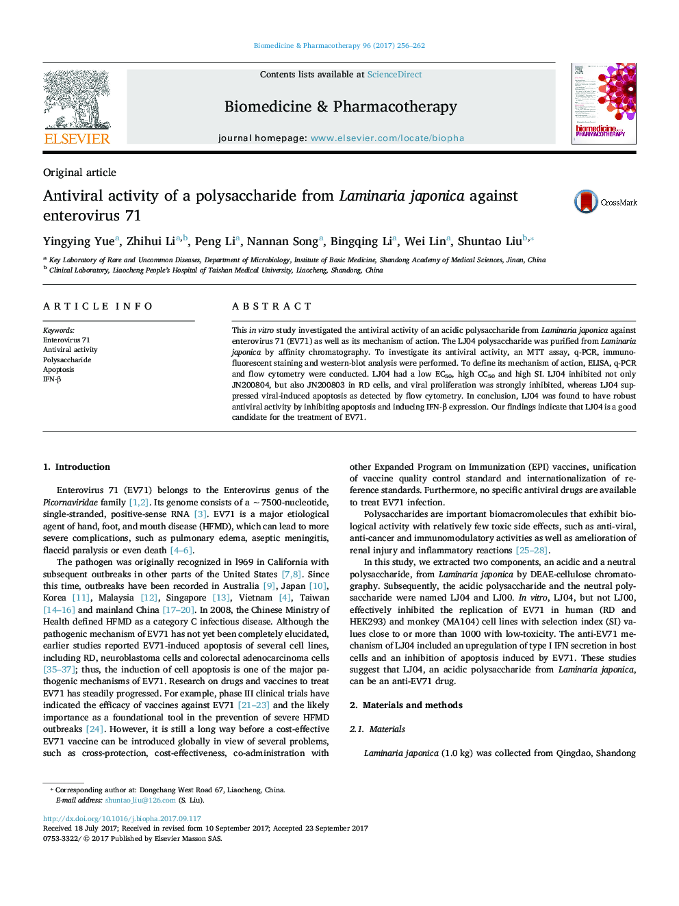 Antiviral activity of a polysaccharide from Laminaria japonica against enterovirus 71