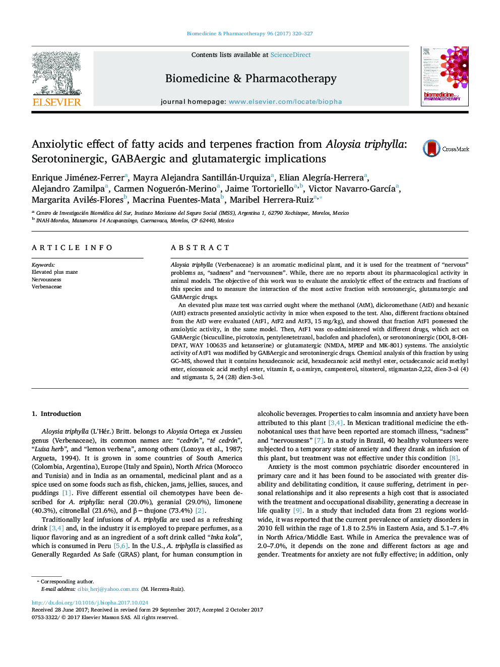 Anxiolytic effect of fatty acids and terpenes fraction from Aloysia triphylla: Serotoninergic, GABAergic and glutamatergic implications