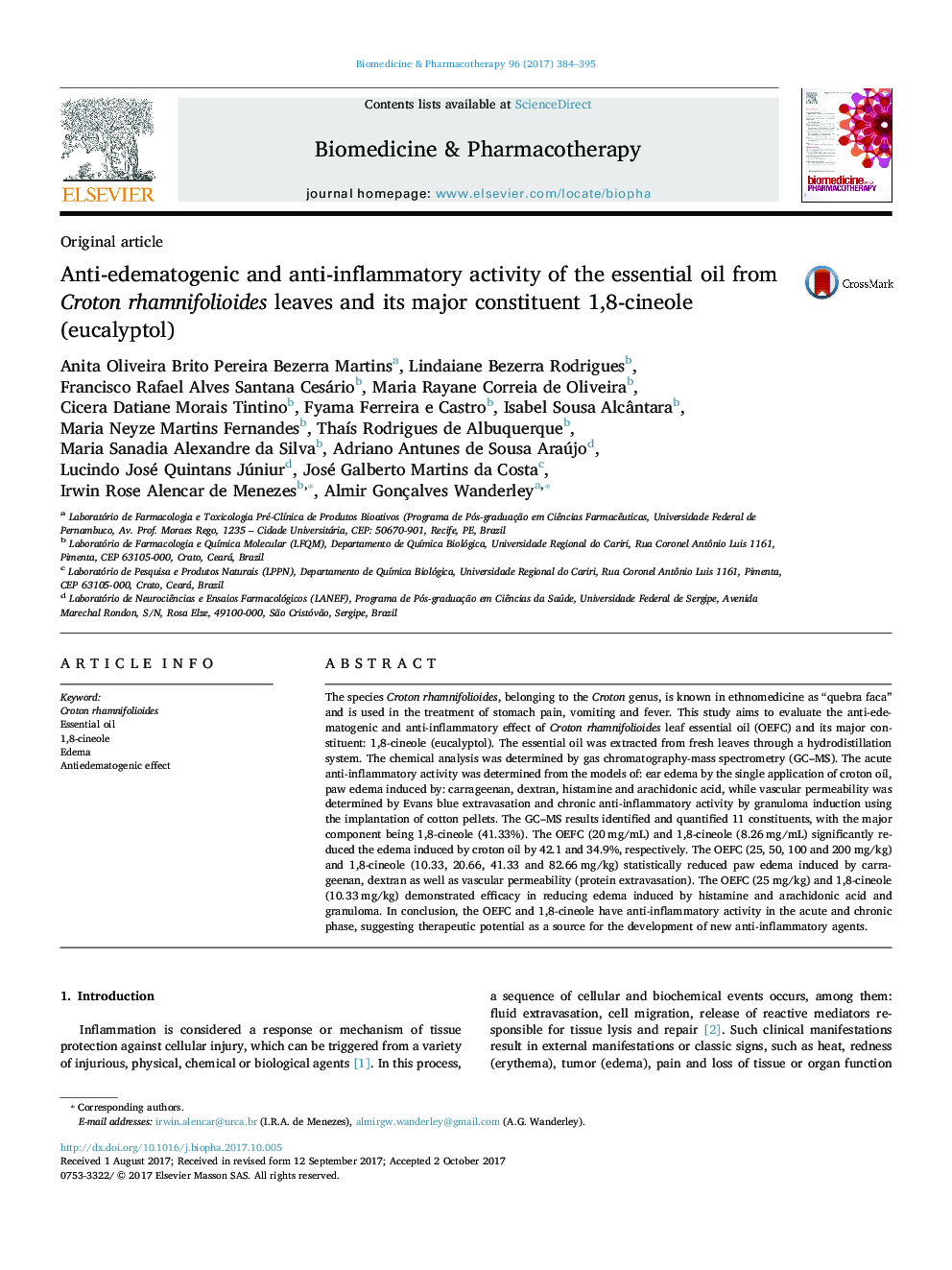 Anti-edematogenic and anti-inflammatory activity of the essential oil from Croton rhamnifolioides leaves and its major constituent 1,8-cineole (eucalyptol)