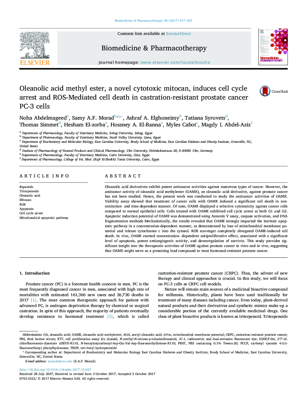 Oleanolic acid methyl ester, a novel cytotoxic mitocan, induces cell cycle arrest and ROS-Mediated cell death in castration-resistant prostate cancer PC-3 cells