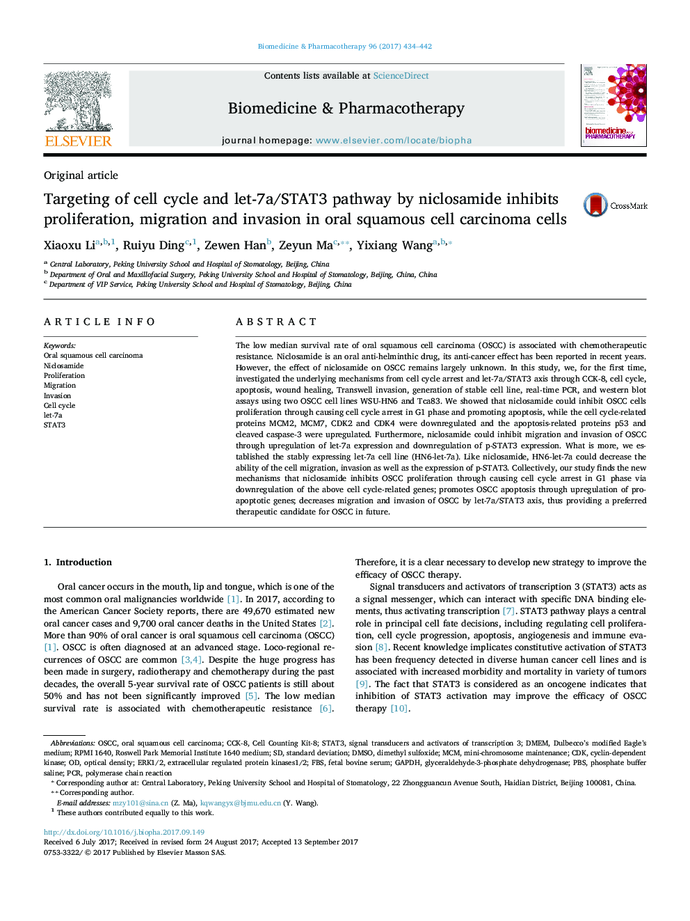 Targeting of cell cycle and let-7a/STAT3 pathway by niclosamide inhibits proliferation, migration and invasion in oral squamous cell carcinoma cells