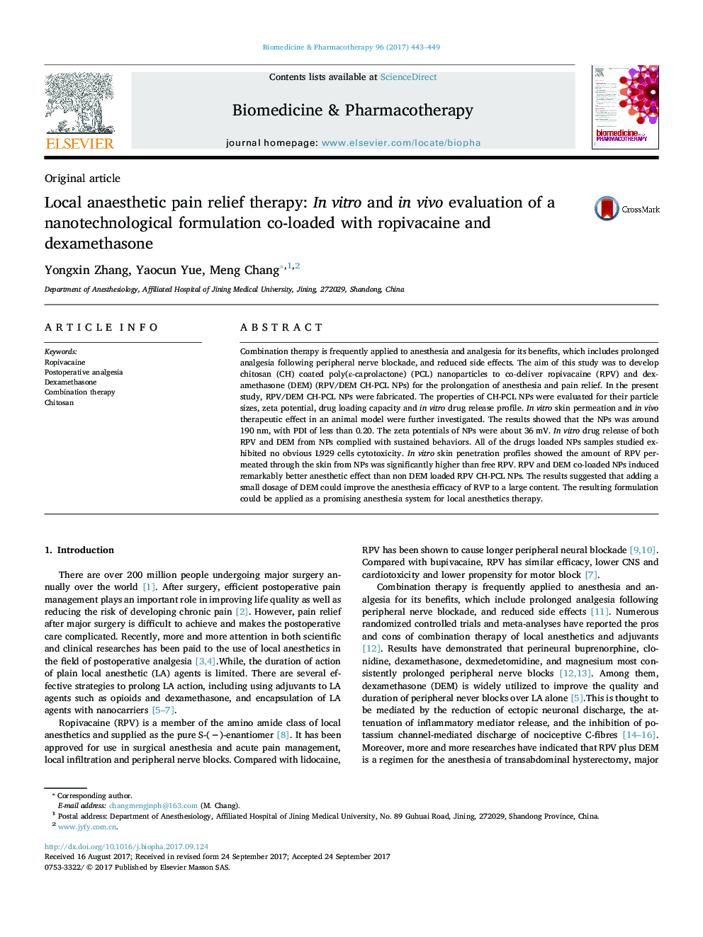 Local anaesthetic pain relief therapy: In vitro and in vivo evaluation of a nanotechnological formulation co-loaded with ropivacaine and dexamethasone