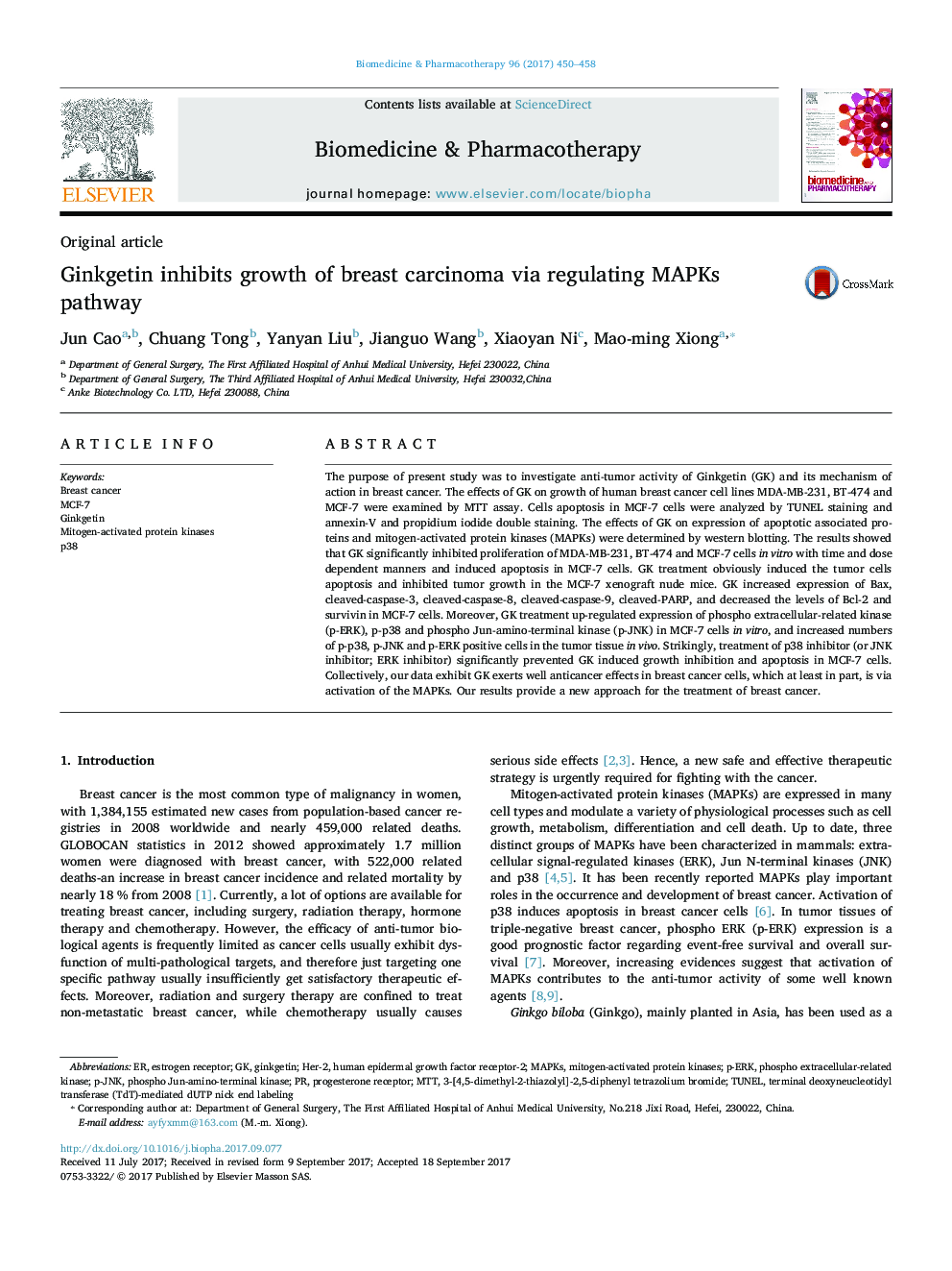 Ginkgetin inhibits growth of breast carcinoma via regulating MAPKs pathway