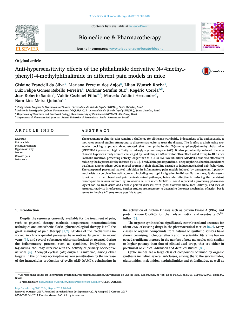 Anti-hypersensitivity effects of the phthalimide derivative N-(4methyl-phenyl)-4-methylphthalimide in different pain models in mice