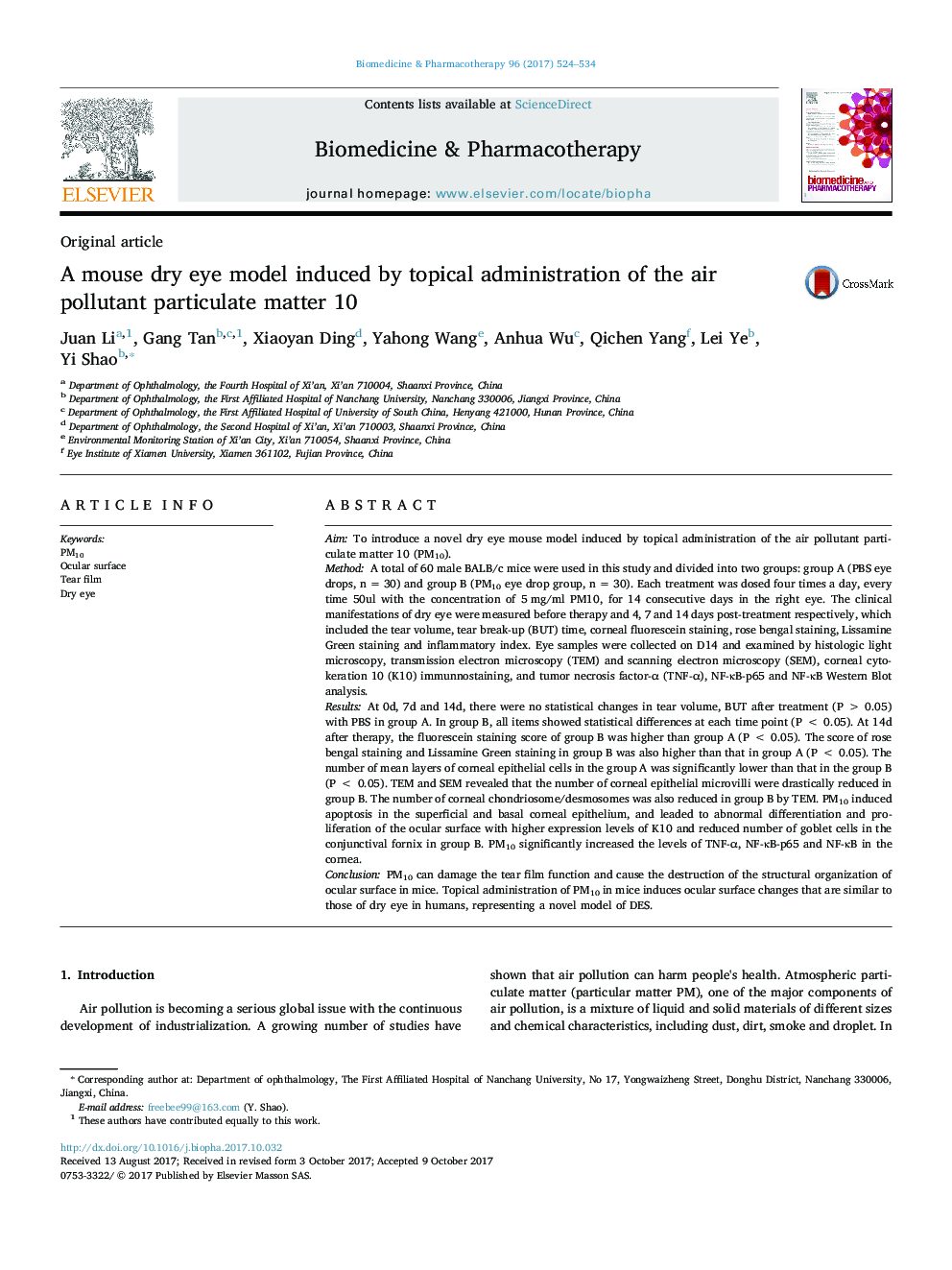 A mouse dry eye model induced by topical administration of the air pollutant particulate matter 10