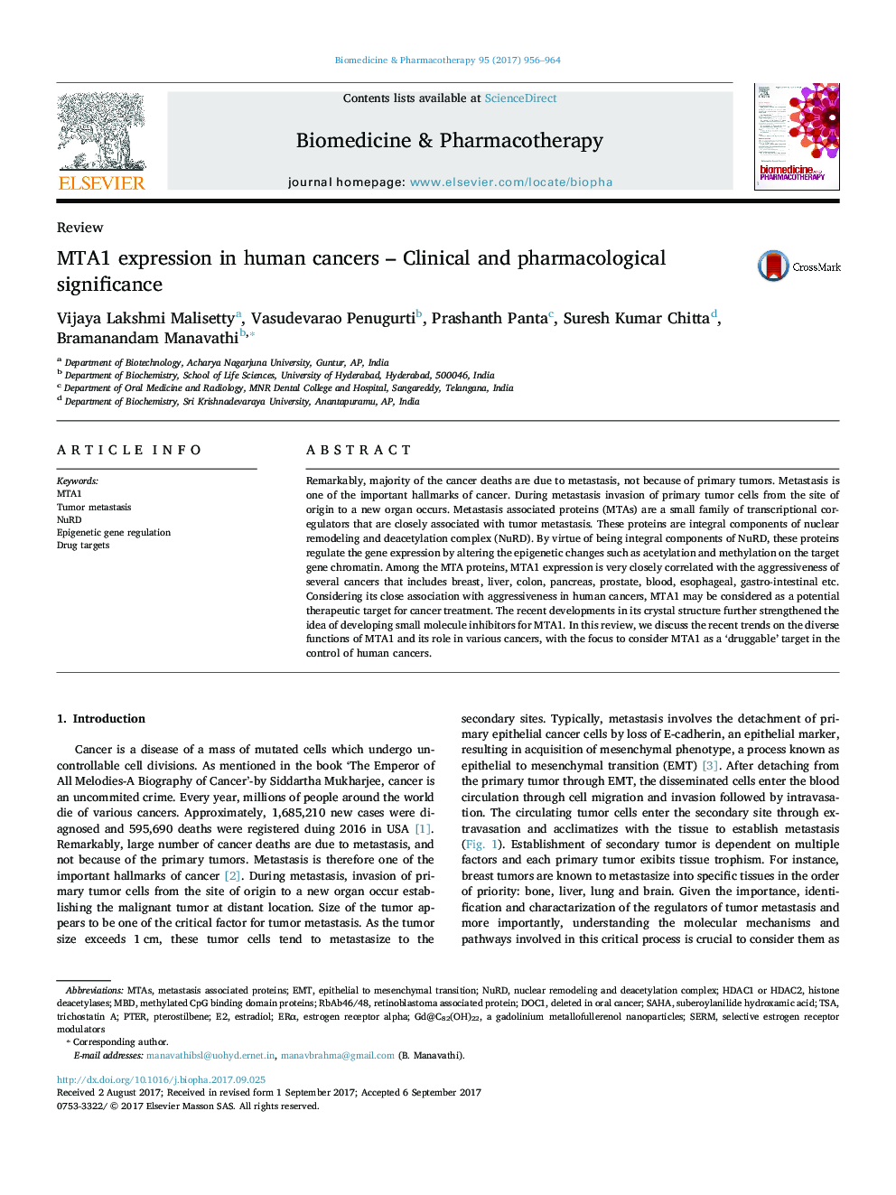 MTA1 expression in human cancers - Clinical and pharmacological significance