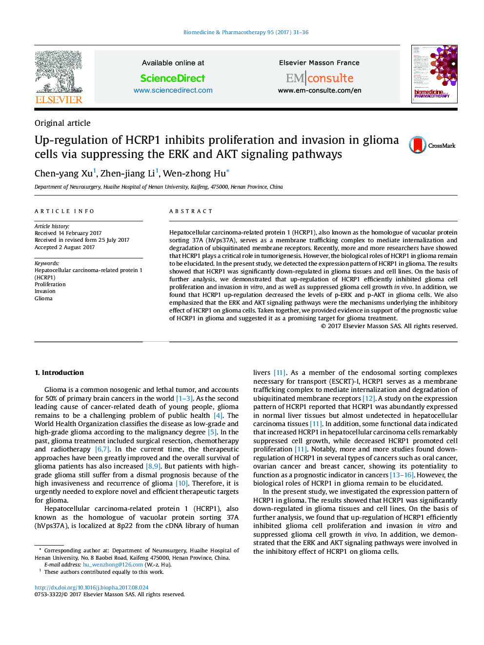 Up-regulation of HCRP1 inhibits proliferation and invasion in glioma cells via suppressing the ERK and AKT signaling pathways