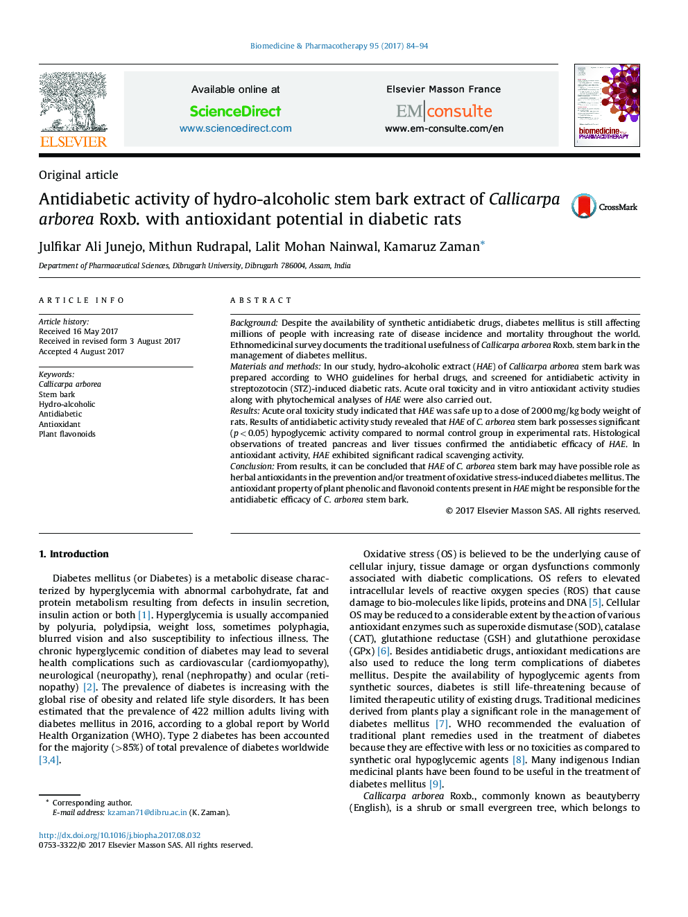 Antidiabetic activity of hydro-alcoholic stem bark extract of Callicarpa arborea Roxb. with antioxidant potential in diabetic rats