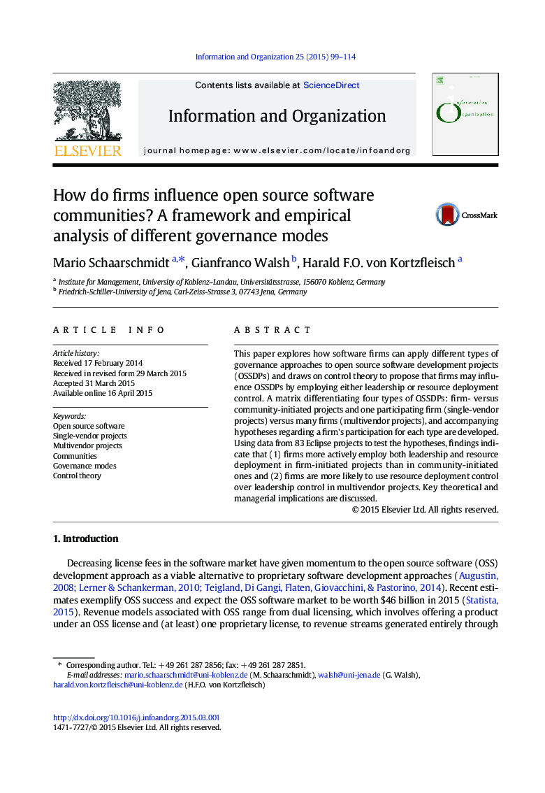 How do firms influence open source software communities? A framework and empirical analysis of different governance modes
