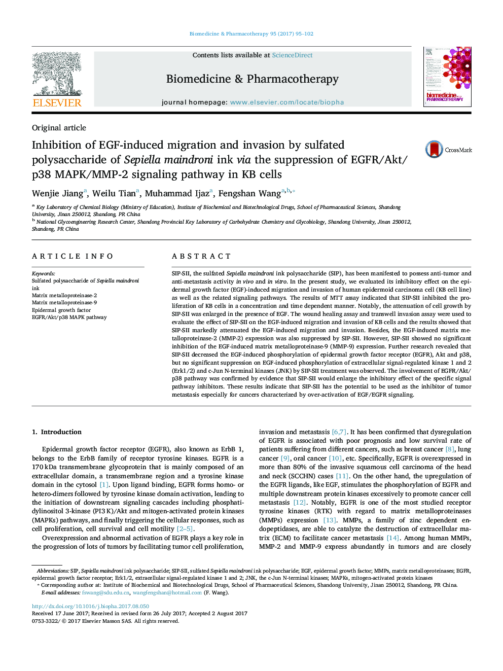 Inhibition of EGF-induced migration and invasion by sulfated polysaccharide of Sepiella maindroni ink via the suppression of EGFR/Akt/p38 MAPK/MMP-2 signaling pathway in KB cells