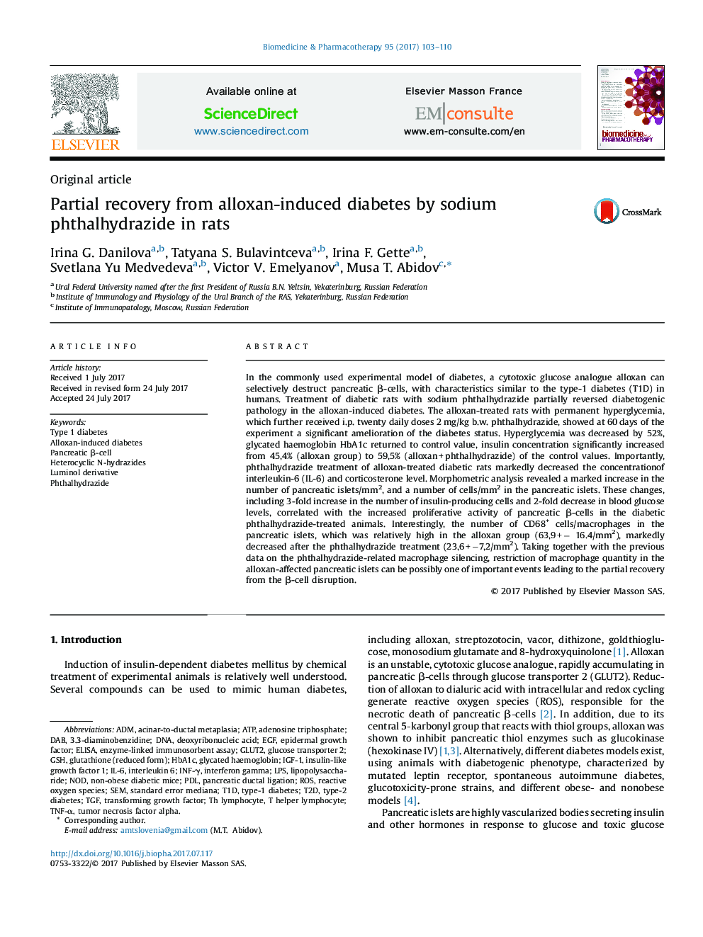 Partial recovery from alloxan-induced diabetes by sodium phthalhydrazide in rats