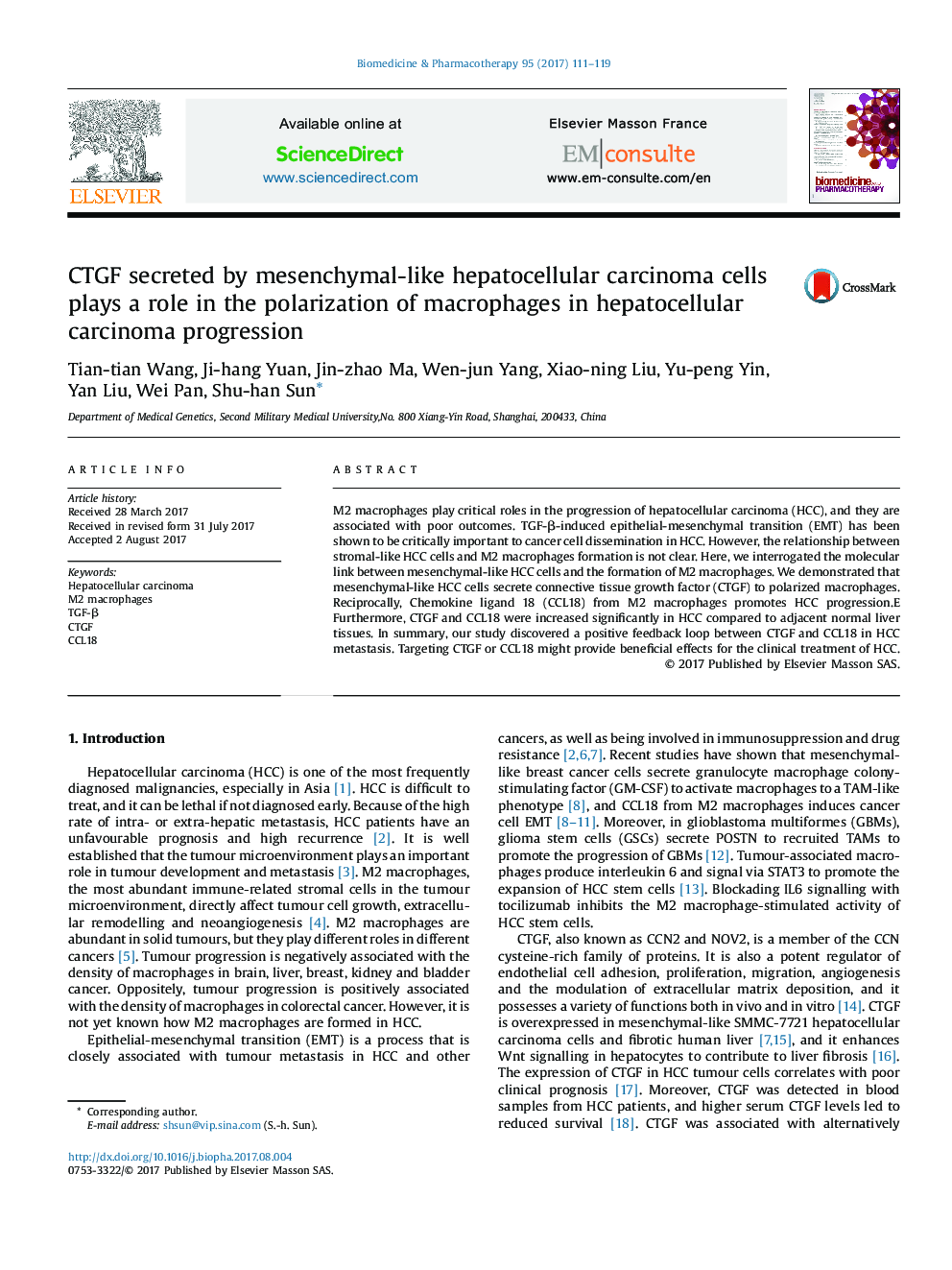 CTGF secreted by mesenchymal-like hepatocellular carcinoma cells plays a role in the polarization of macrophages in hepatocellular carcinoma progression