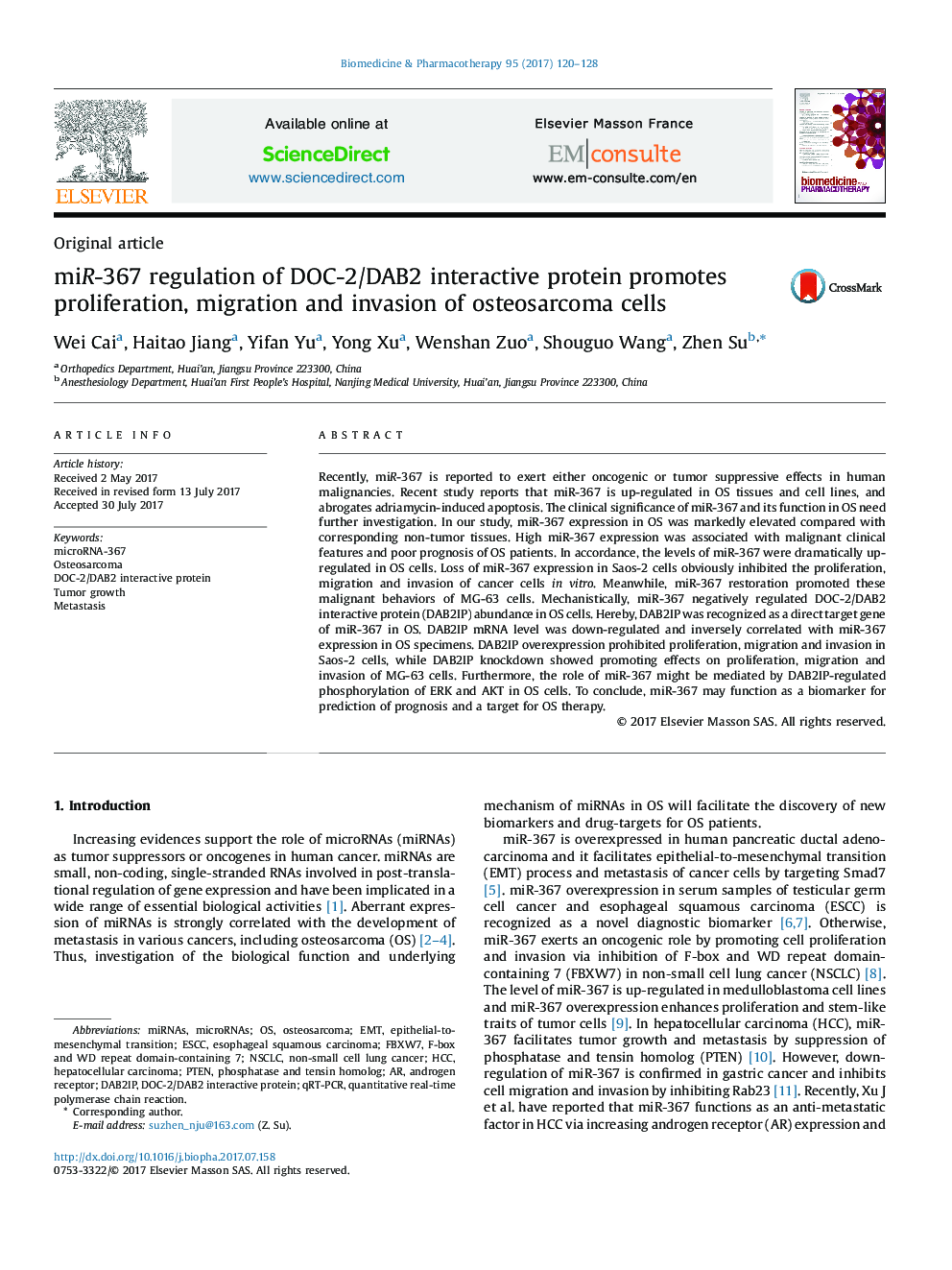 miR-367 regulation of DOC-2/DAB2 interactive protein promotes proliferation, migration and invasion of osteosarcoma cells