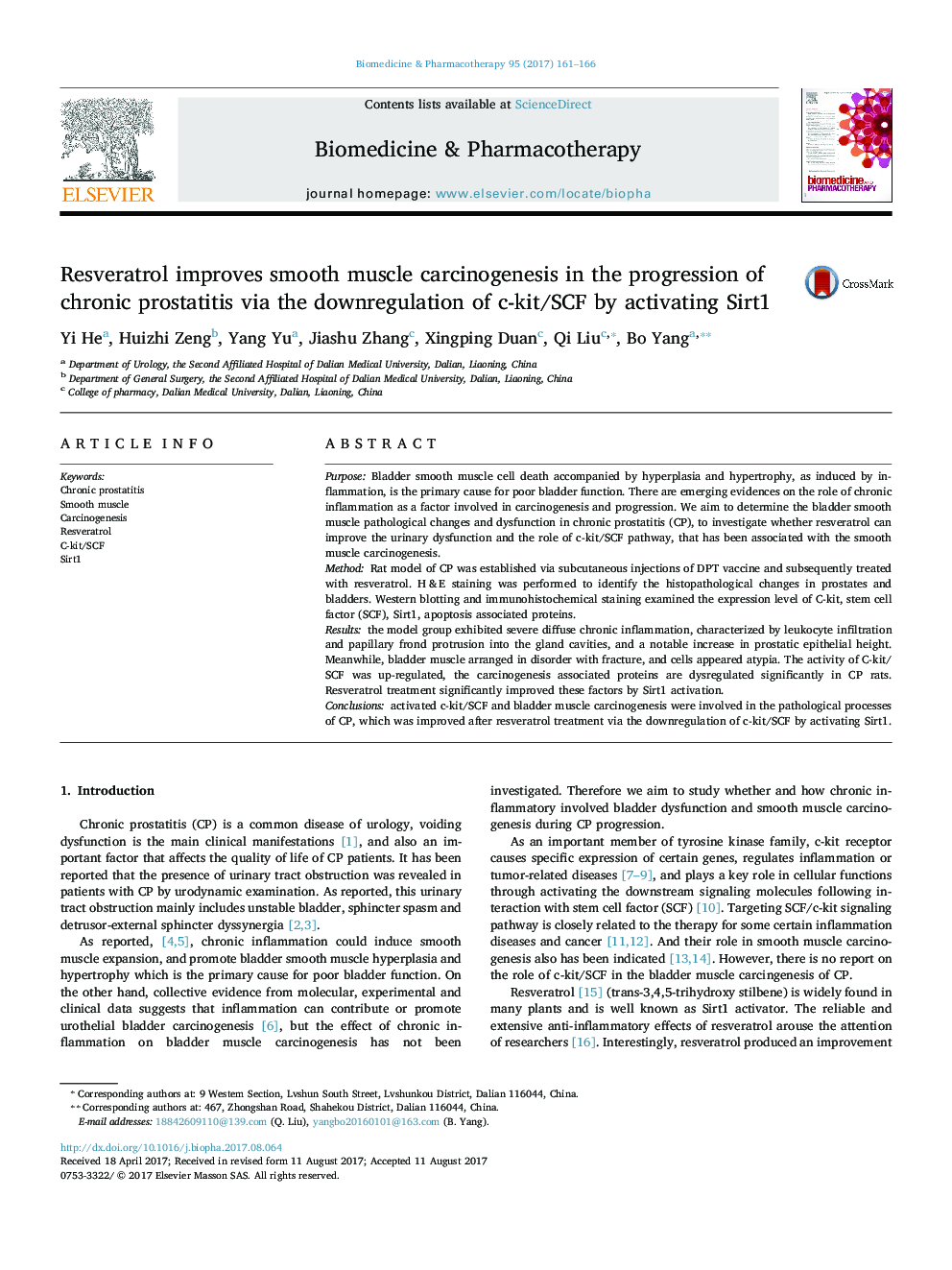 Resveratrol improves smooth muscle carcinogenesis in the progression of chronic prostatitis via the downregulation of c-kit/SCF by activating Sirt1