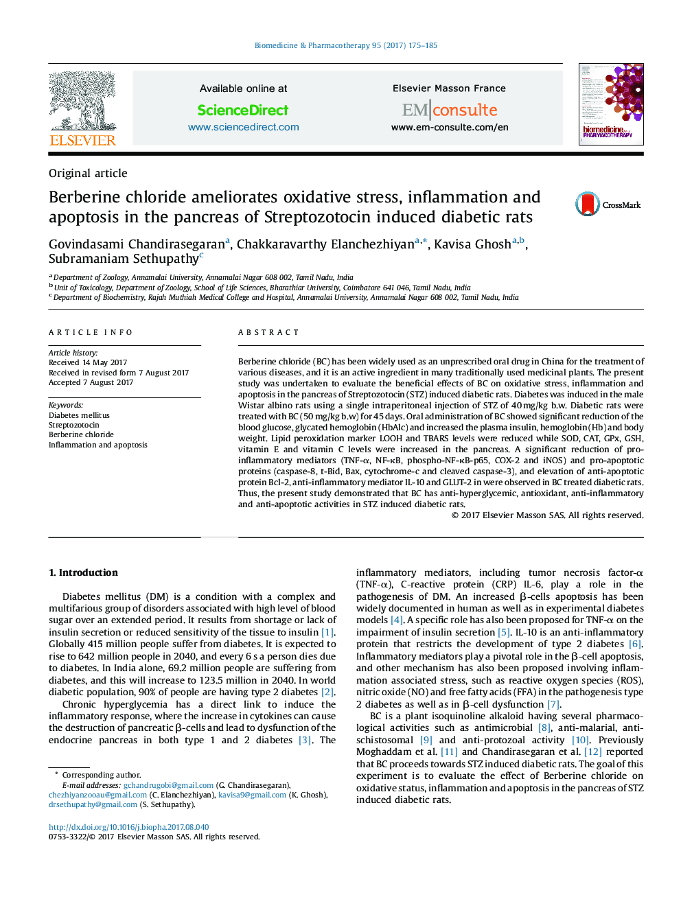 Berberine chloride ameliorates oxidative stress, inflammation and apoptosis in the pancreas of Streptozotocin induced diabetic rats