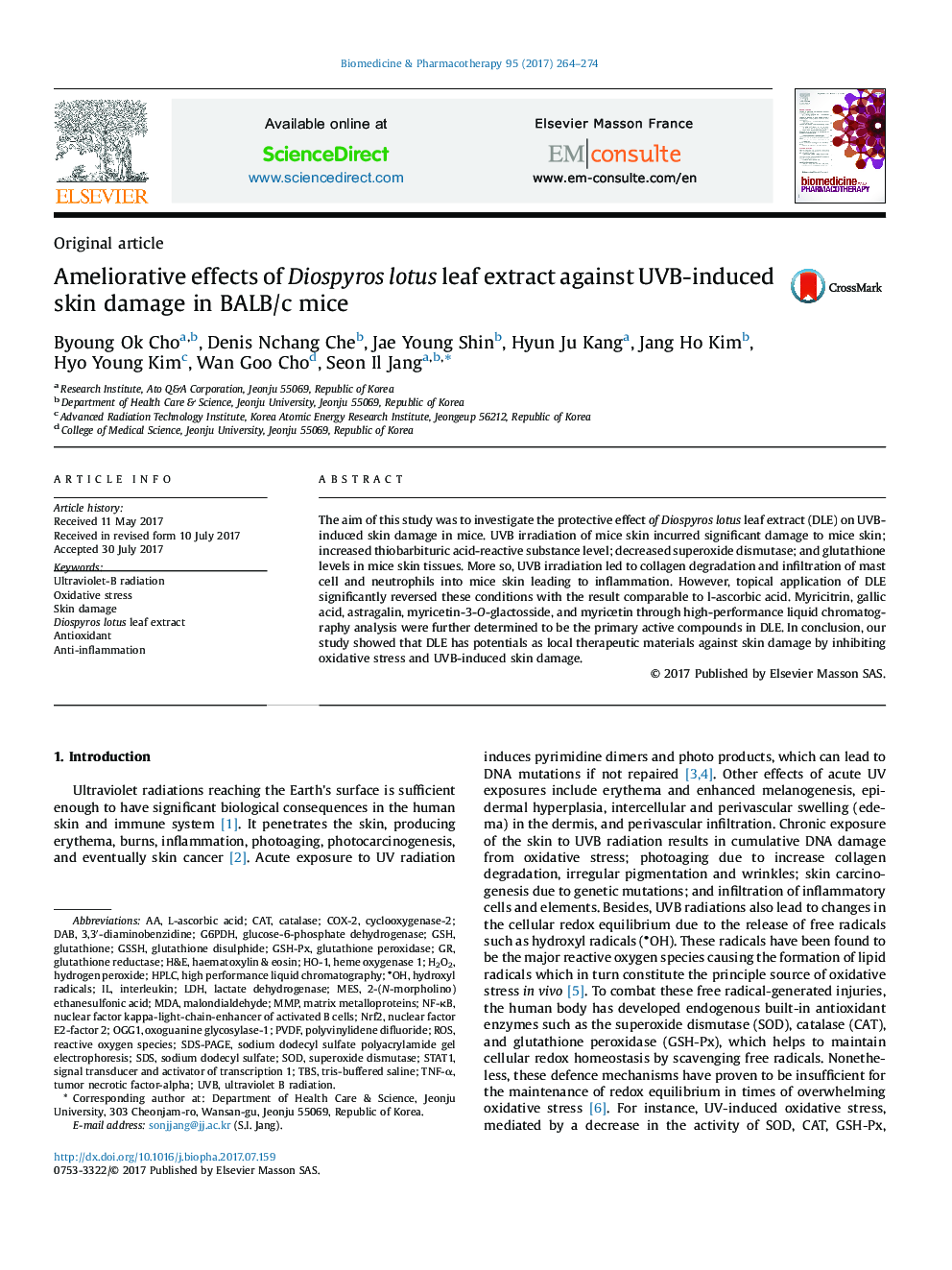 Ameliorative effects of Diospyros lotus leaf extract against UVB-induced skin damage in BALB/c mice