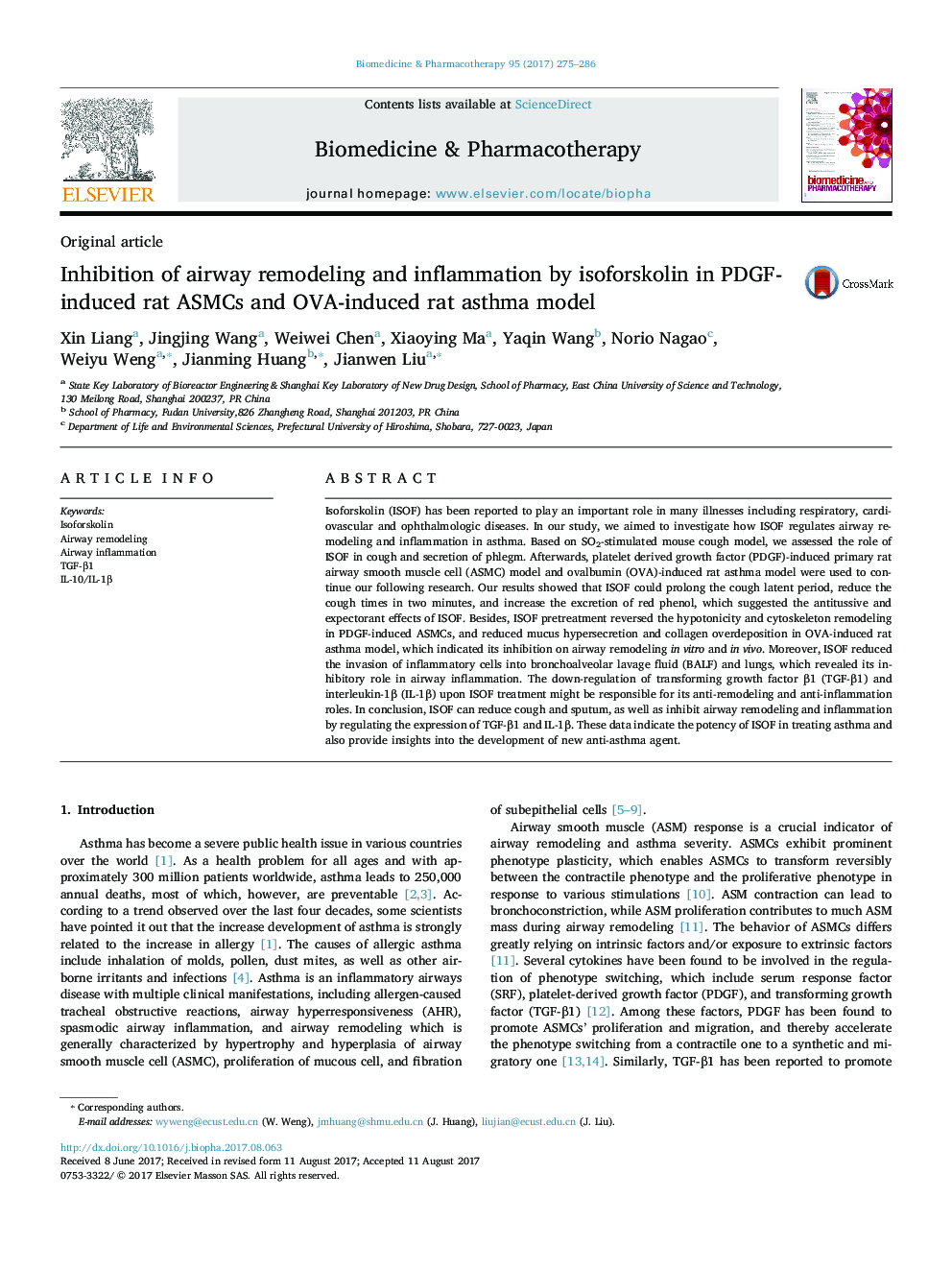 Inhibition of airway remodeling and inflammation by isoforskolin in PDGF-induced rat ASMCs and OVA-induced rat asthma model