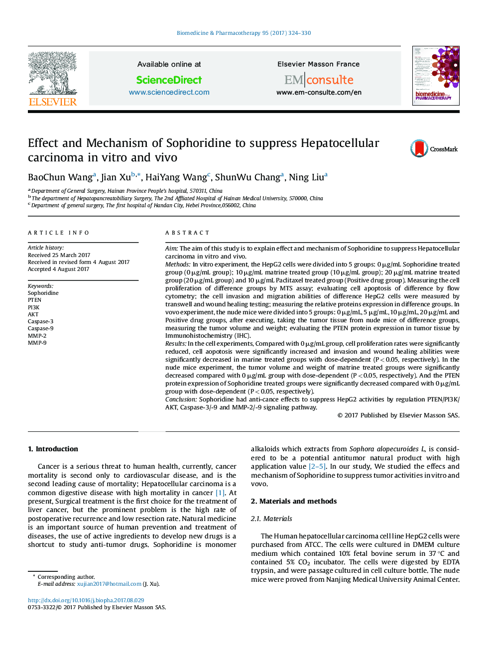 Effect and Mechanism of Sophoridine to suppress Hepatocellular carcinoma in vitro and vivo