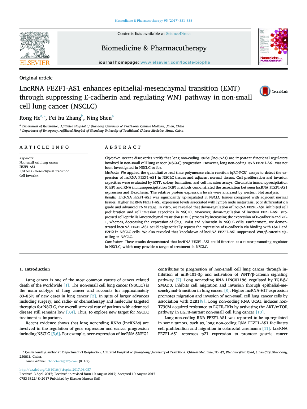 LncRNA FEZF1-AS1 enhances epithelial-mesenchymal transition (EMT) through suppressing E-cadherin and regulating WNT pathway in non-small cell lung cancer (NSCLC)