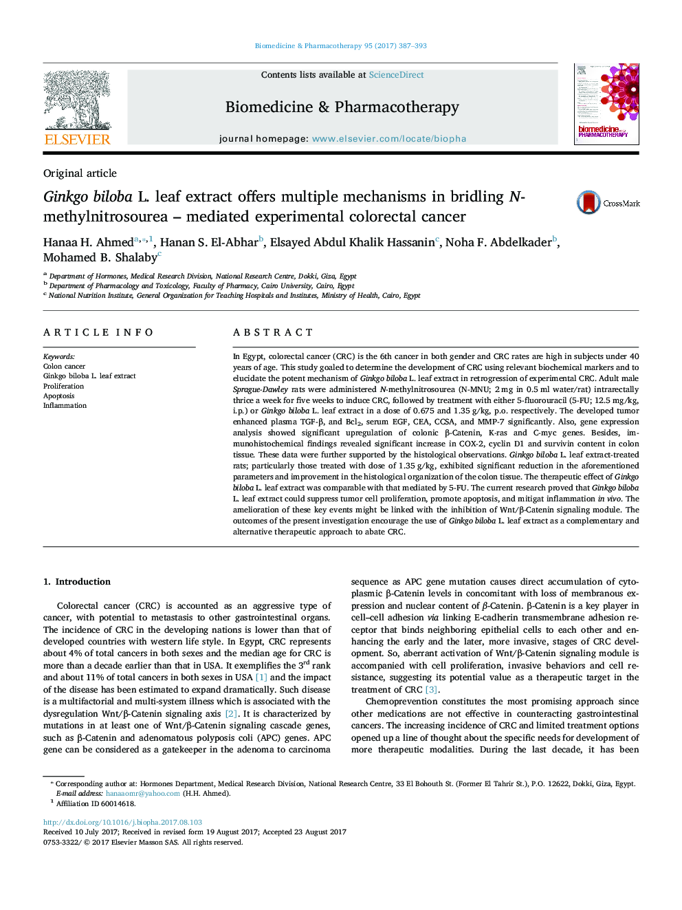 Ginkgo biloba L. leaf extract offers multiple mechanisms in bridling N-methylnitrosourea - mediated experimental colorectal cancer