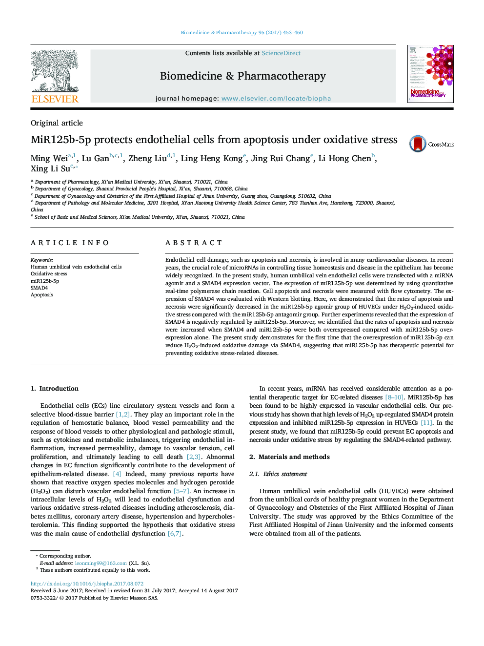 MiR125b-5p protects endothelial cells from apoptosis under oxidative stress