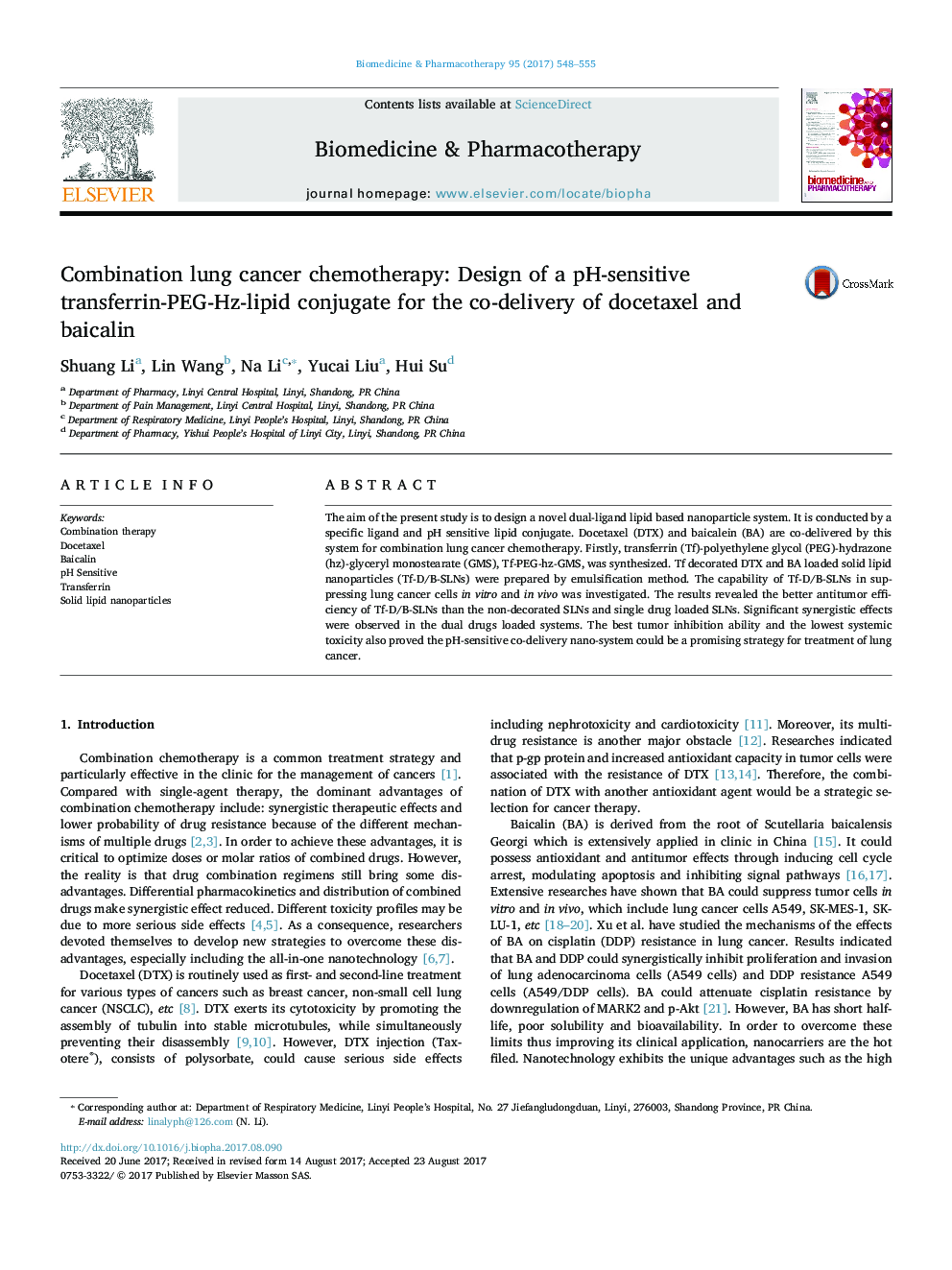 Combination lung cancer chemotherapy: Design of a pH-sensitive transferrin-PEG-Hz-lipid conjugate for the co-delivery of docetaxel and baicalin