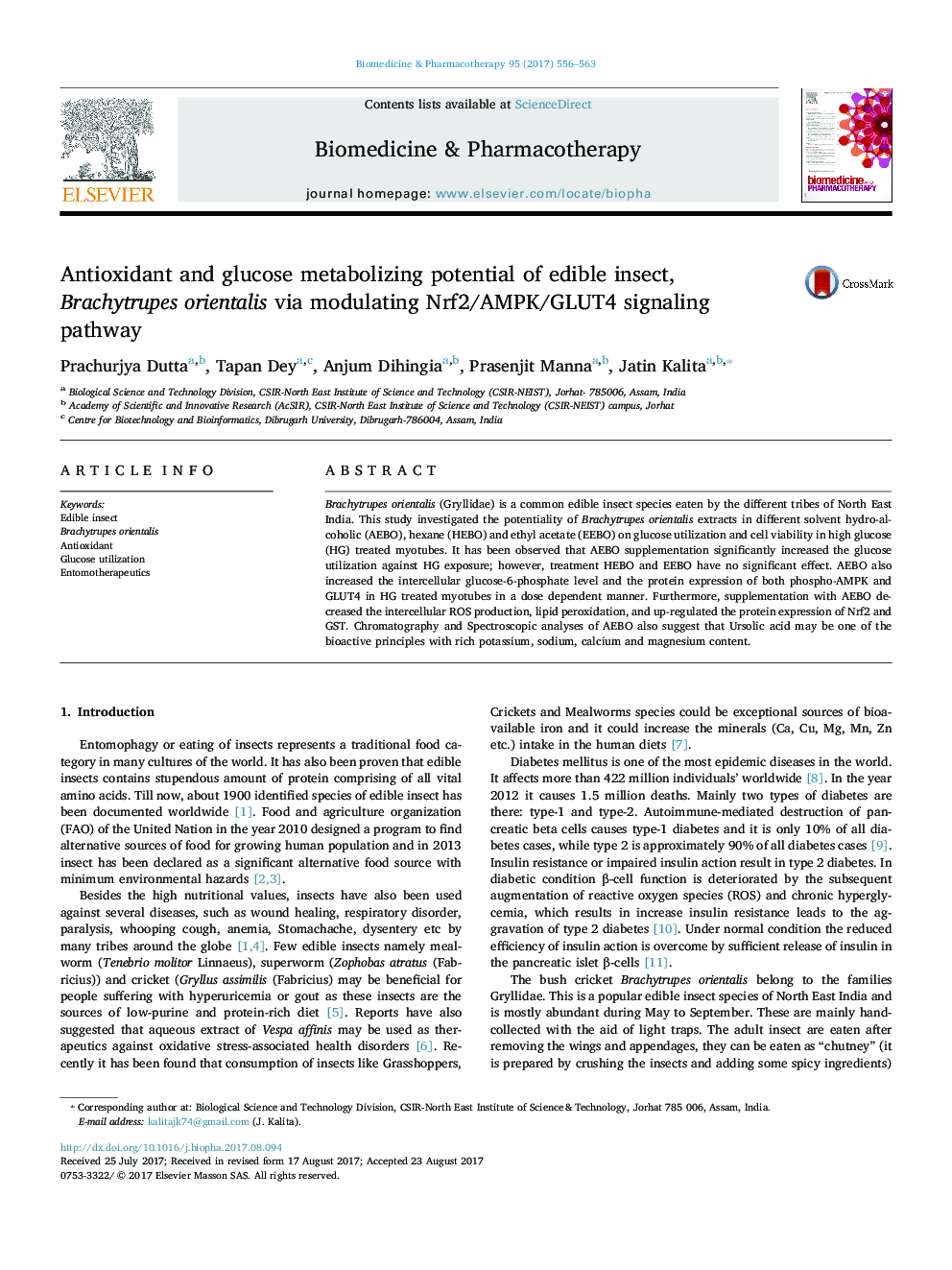 Antioxidant and glucose metabolizing potential of edible insect, Brachytrupes orientalis via modulating Nrf2/AMPK/GLUT4 signaling pathway