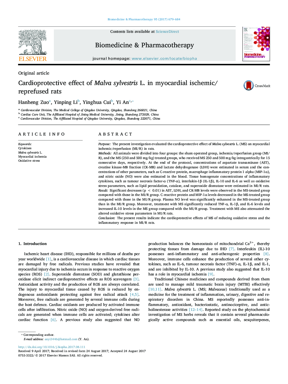 Cardioprotective effect of Malva sylvestris L. in myocardial ischemic/reprefused rats