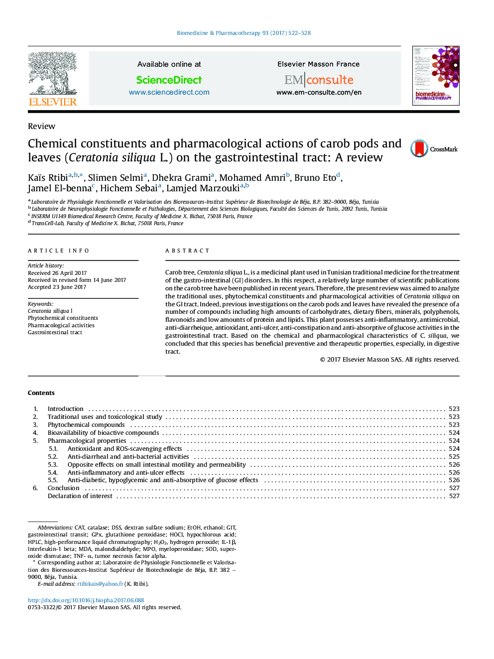 Chemical constituents and pharmacological actions of carob pods and leaves (Ceratonia siliqua L.) on the gastrointestinal tract: A review