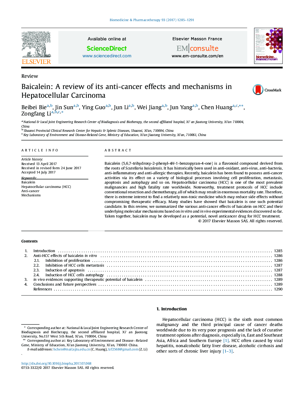 Baicalein: A review of its anti-cancer effects and mechanisms in Hepatocellular Carcinoma