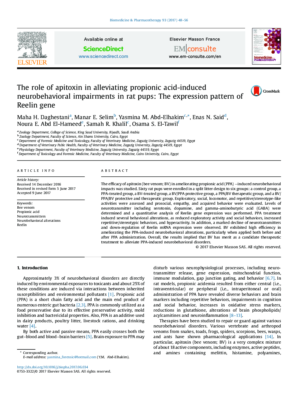 The role of apitoxin in alleviating propionic acid-induced neurobehavioral impairments in rat pups: The expression pattern of Reelin gene