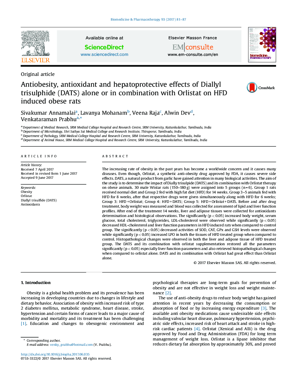 Antiobesity, antioxidant and hepatoprotective effects of Diallyl trisulphide (DATS) alone or in combination with Orlistat on HFD induced obese rats