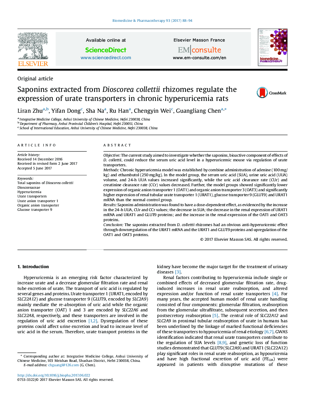 Saponins extracted from Dioscorea collettii rhizomes regulate the expression of urate transporters in chronic hyperuricemia rats