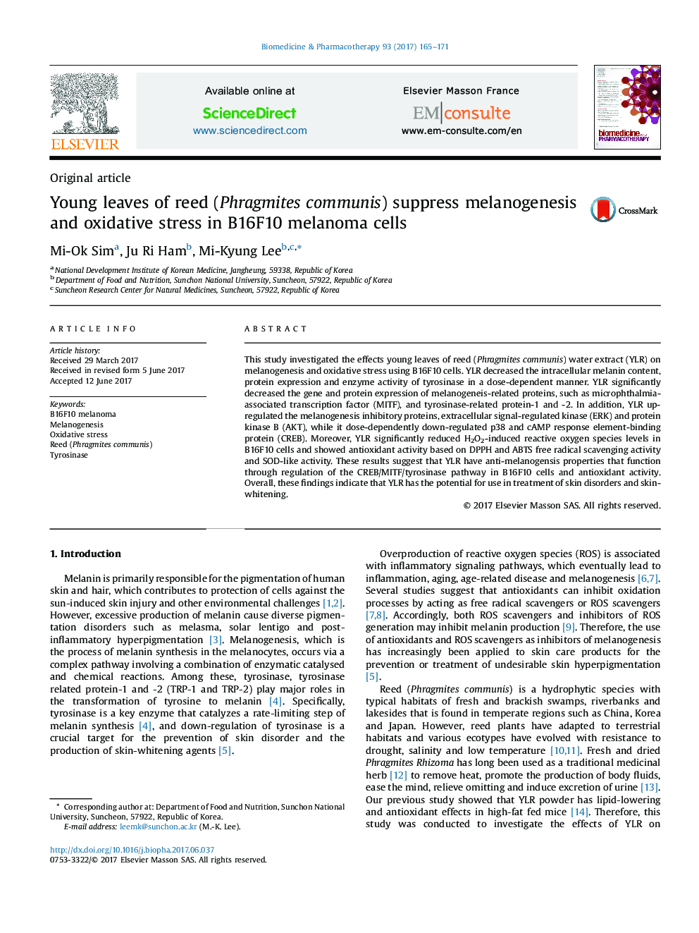 Young leaves of reed (Phragmites communis) suppress melanogenesis and oxidative stress in B16F10 melanoma cells