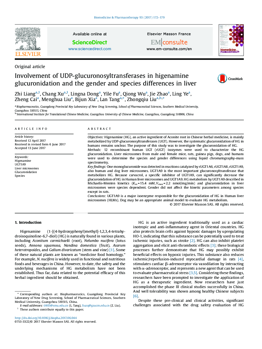 Involvement of UDP-glucuronosyltransferases in higenamine glucuronidation and the gender and species differences in liver