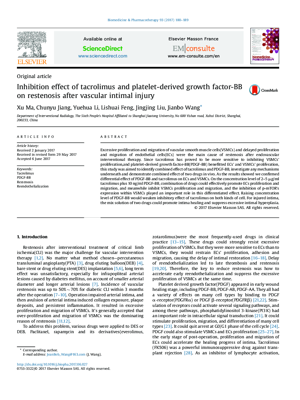 Inhibition effect of tacrolimus and platelet-derived growth factor-BB on restenosis after vascular intimal injury