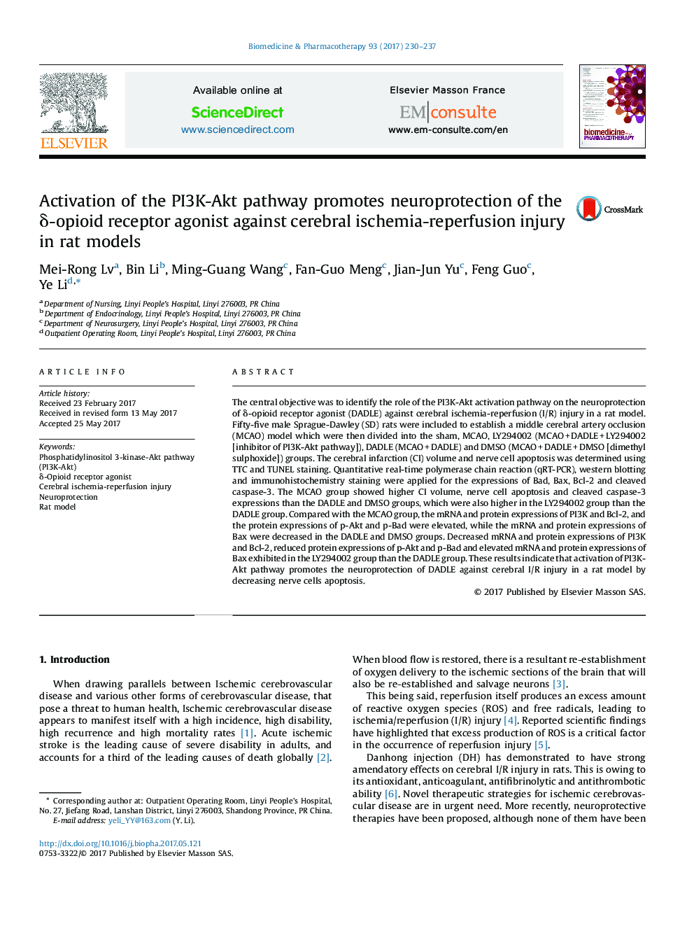 Activation of the PI3K-Akt pathway promotes neuroprotection of the Î´-opioid receptor agonist against cerebral ischemia-reperfusion injury in rat models