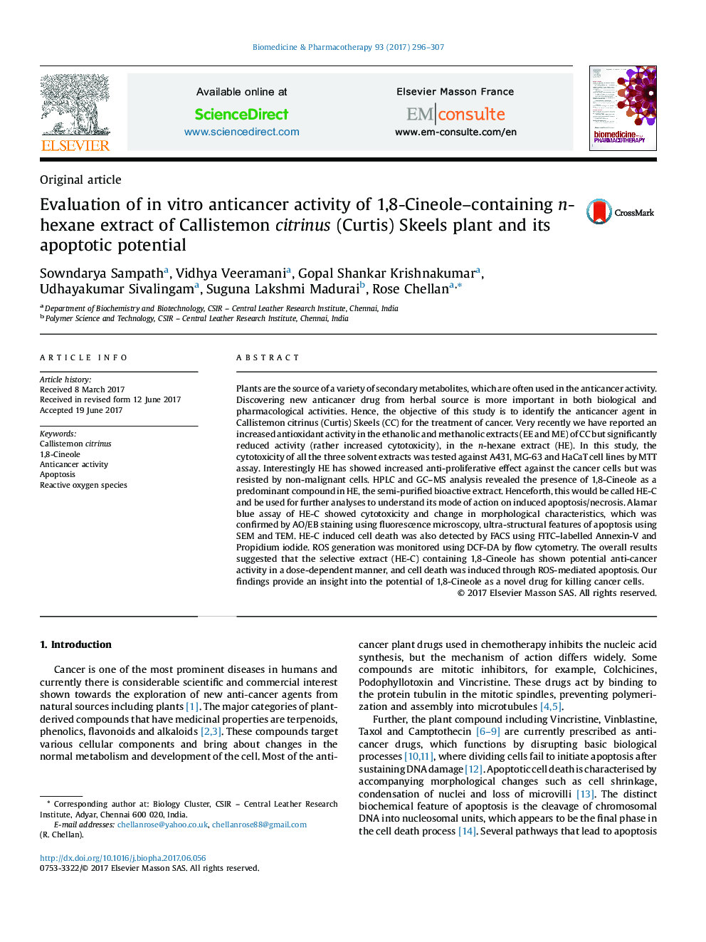 Evaluation of in vitro anticancer activity of 1,8-Cineole-containing n-hexane extract of Callistemon citrinus (Curtis) Skeels plant and its apoptotic potential