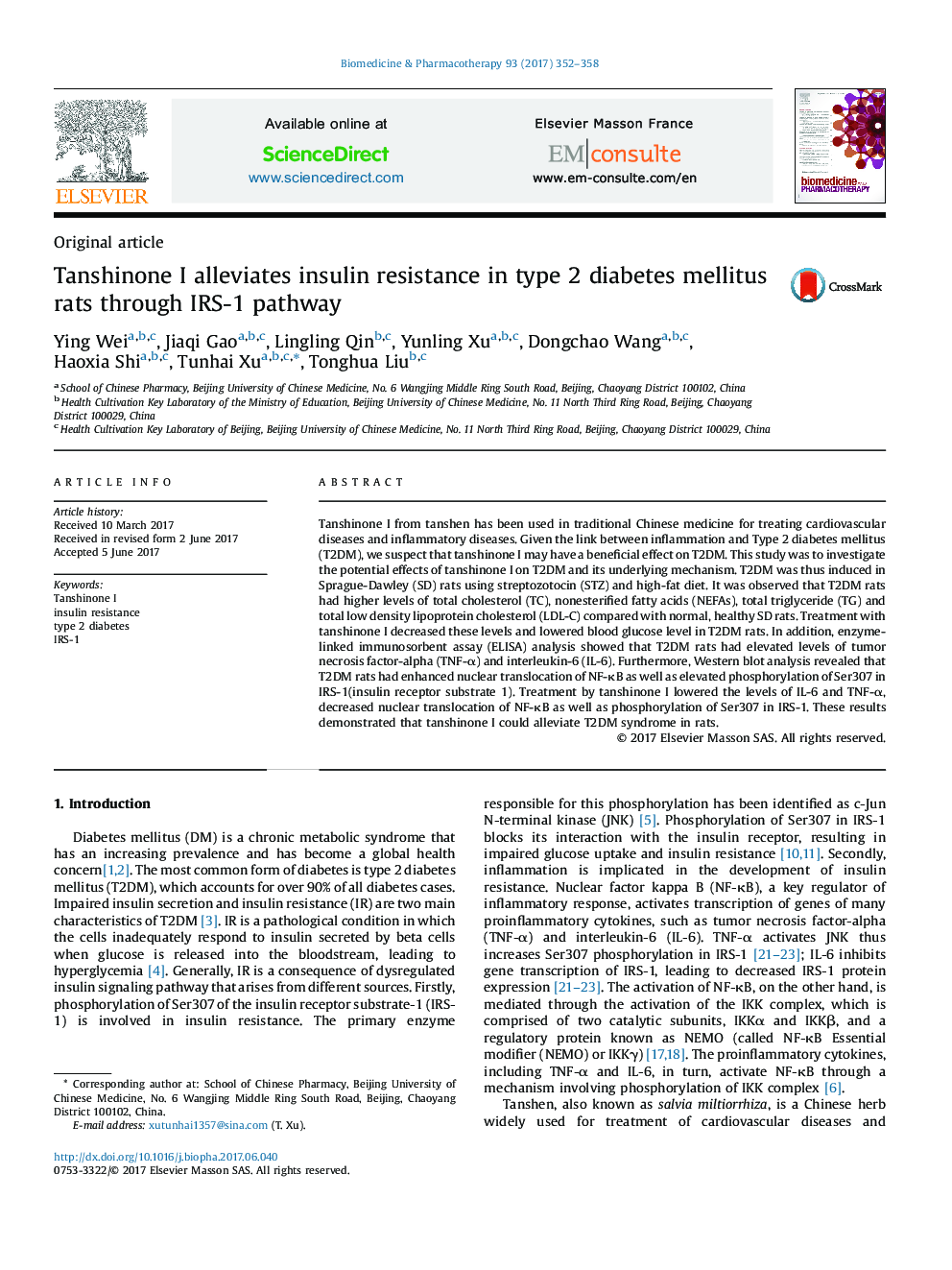 Tanshinone I alleviates insulin resistance in type 2 diabetes mellitus rats through IRS-1 pathway