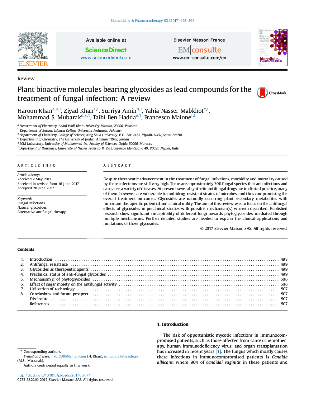 Plant bioactive molecules bearing glycosides as lead compounds for the treatment of fungal infection: A review